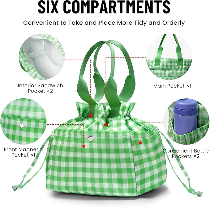 MEXS Lunch Bag for Women Reusable Drawstring Insulated Lunch Box Stain-Resistant Large Cinch Closure Lunch Bags for Work Office