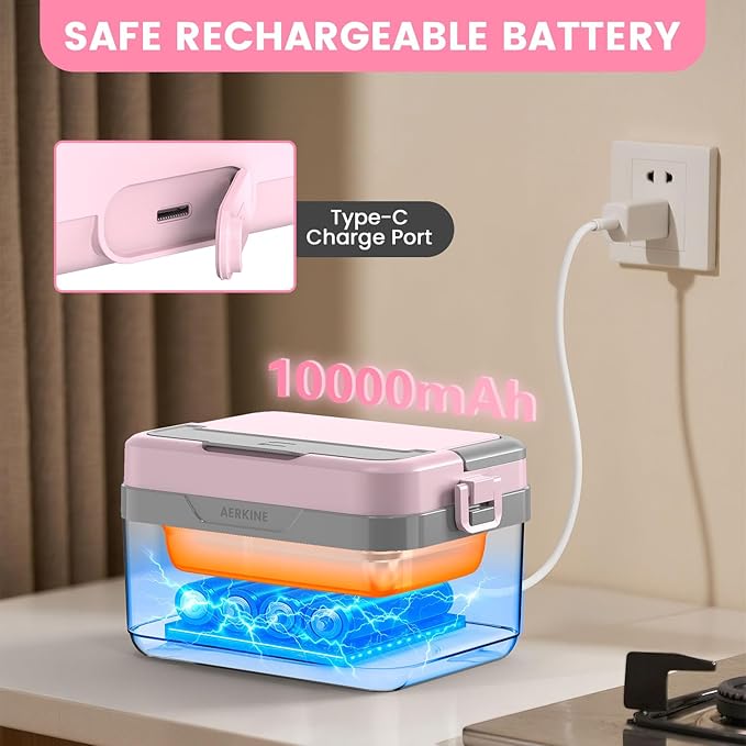Electric Lunch Box For Adults - Rechargeable 75W Self-Heating Food Warmer with 6.3 Cups(1.5L) Stainless Steel Container, Heated Lunch Box For Office, Picnic, Car & Outdoor Use(Pink)