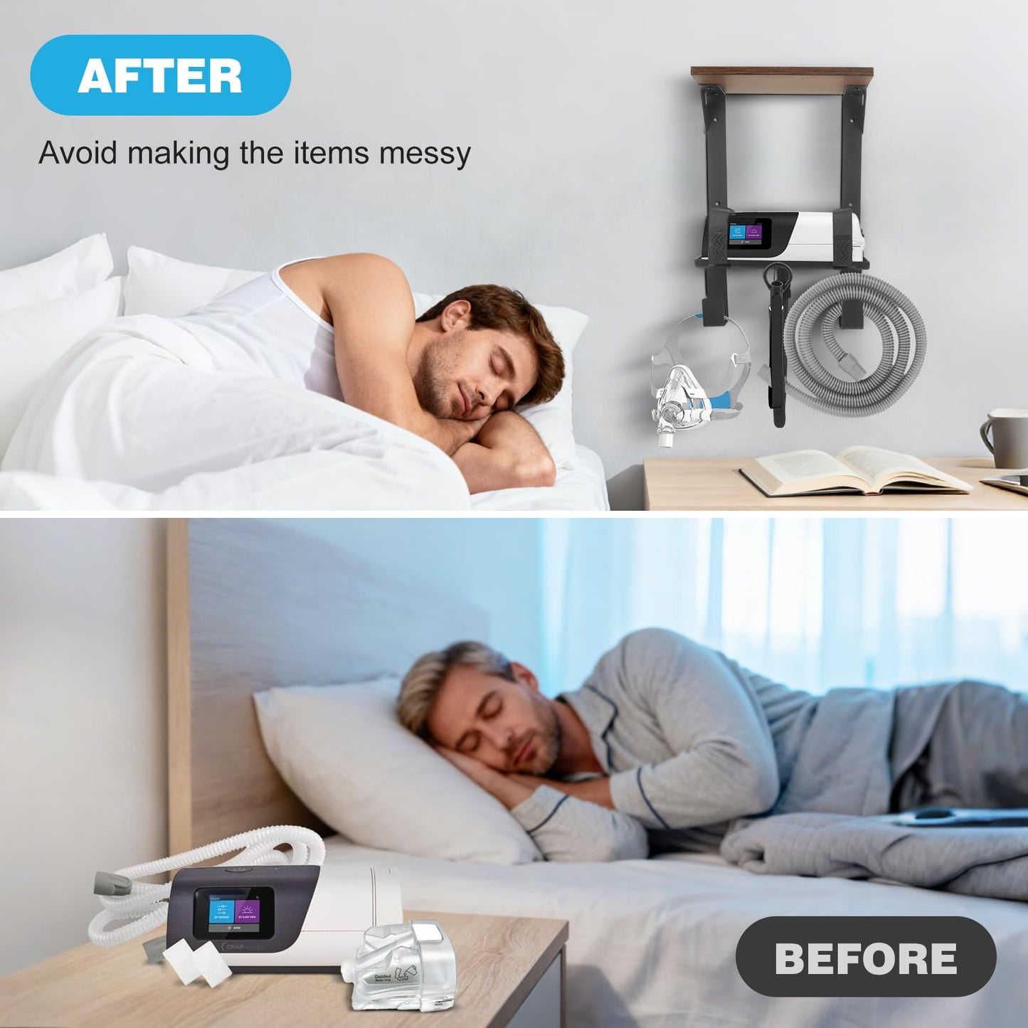 Upgraded CPAP Shelf Wall Mount, 2-Tier Organizer for ResMed AirSense 10 & 11 | with Adjustable CPAP Hose Holder & Mask Hook, Avoid Hose Entanglement | Bedside CPAP Stand to Reclaim Your Nightstand