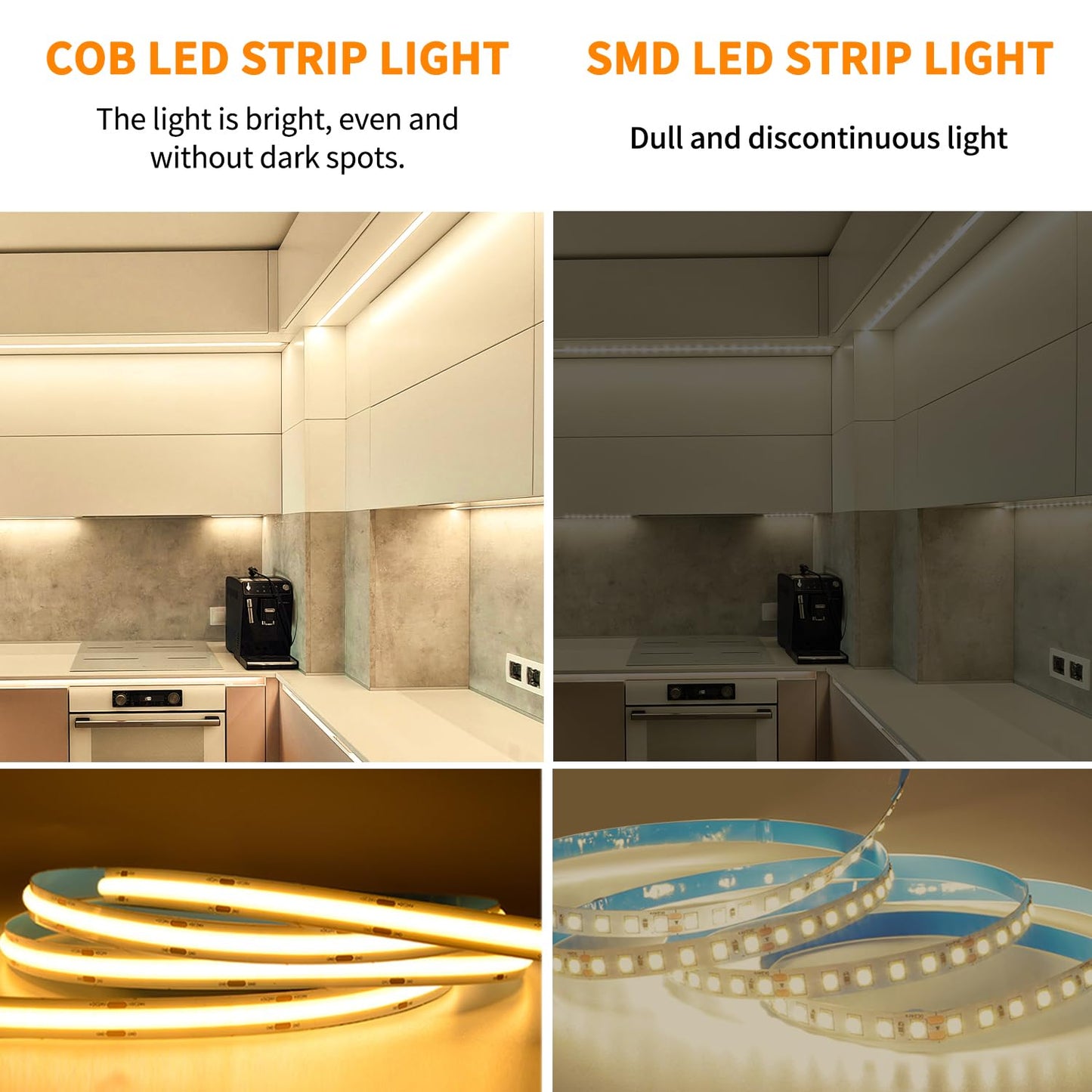 Yeewhale COB LED Strip Lights, 100ft, 3000K Warm White, Dimmable, Flexible, DC 24V, with Remote and App Control, Model Yeewhale-