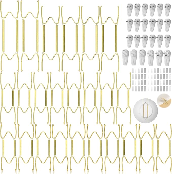 24 Pieces Plate Hangers for Wall - 6/8/10/12 Inch Invisible Wall Plate Hangers, Stainless Steel Plate Wall Hangers with 24 Pieces Wall Hooks for 5.5 to 12.5 Inch Decorative Plates and Arts (Gold)