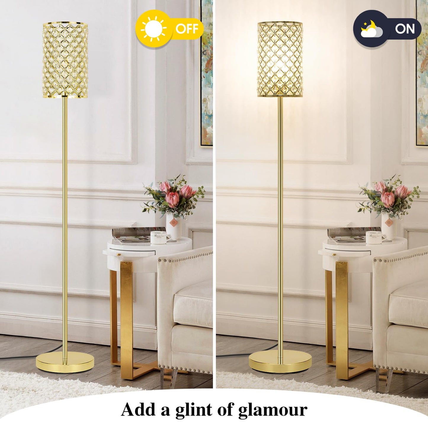Seaside Village Gold Floor Lamp, Crystal Shade, On/Off Foot Switch, Modern Design for Living Room or Bedroom