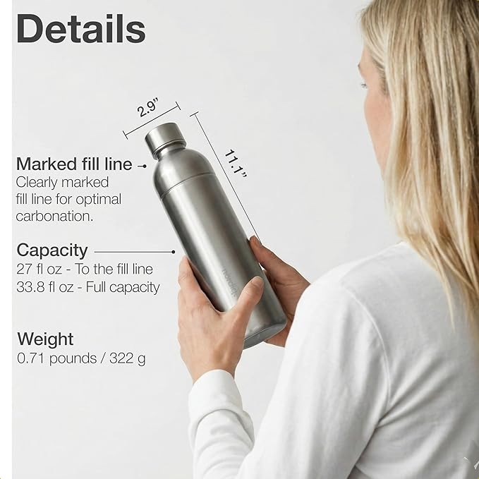 Premium 33 oz Stainless Steel Bottle | Compatible with Aarke Carbonator 3, Sodastream (excl. Aqua Fizz + Jet) and many others | Dishwasher Safe, No Expiration Date | 2-Pack