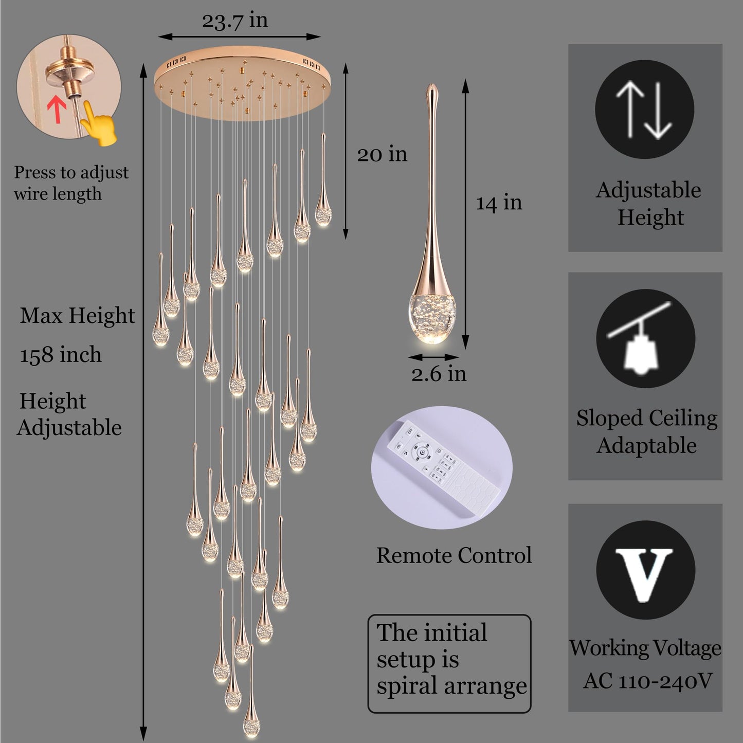 Upfelw 7-Light Modern Crystal Chandelier, Gold, Dimmable LED, H60in  High Ceiling, Model UCC-G07-0436