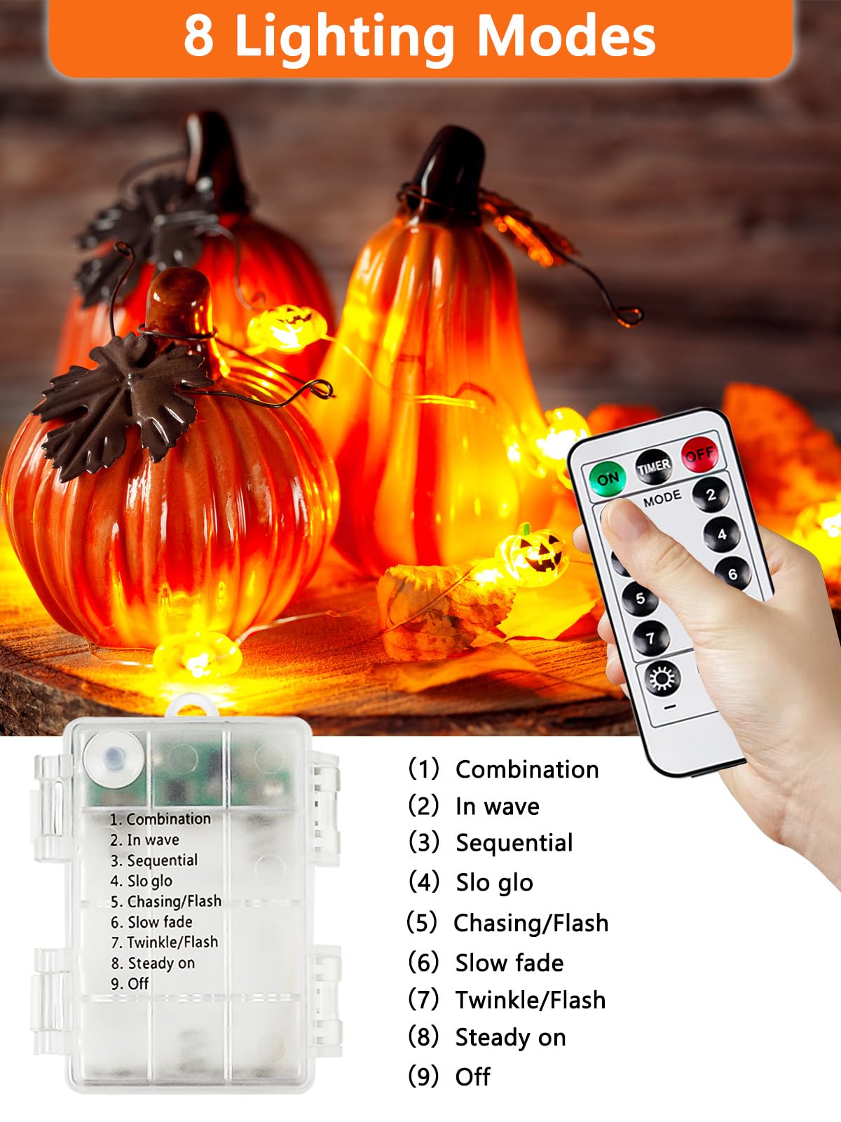 Halloween Fairy Lights Battery Operated 15Ft 40Led Orange Pumpkin String Lights 8 Modes With Remote  Warerproof Twinkle Lights With Timer For Indoor And Outdoor Halloween Decorations For Party Holiday