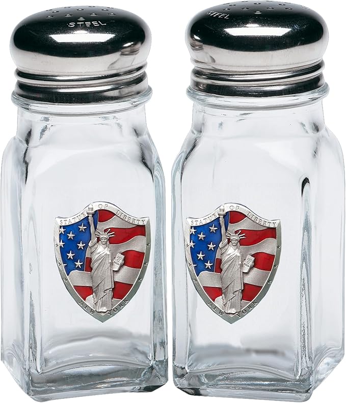 Heritage Pewter Statue of Liberty Salt and Pepper Shaker Set of 2 Bottles | Expertly Crafted Pewter Glass | Includes Carrying Rack with Handle