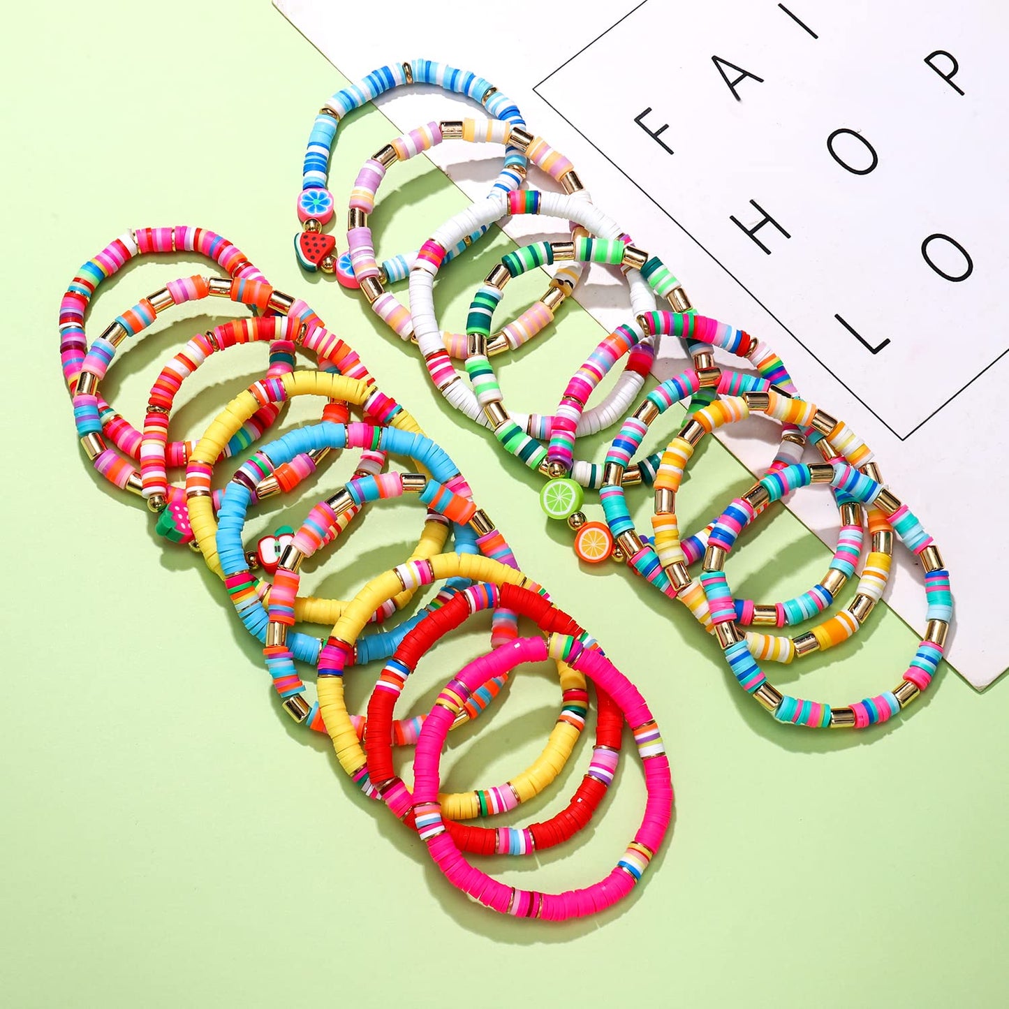 FAERLIIRY 17Pcs Beaded Bracelet Heishi Stretch Bracelets for Woman Preppy Bracelets Fruit Beaded Bracelet Colorful Beach Surfer