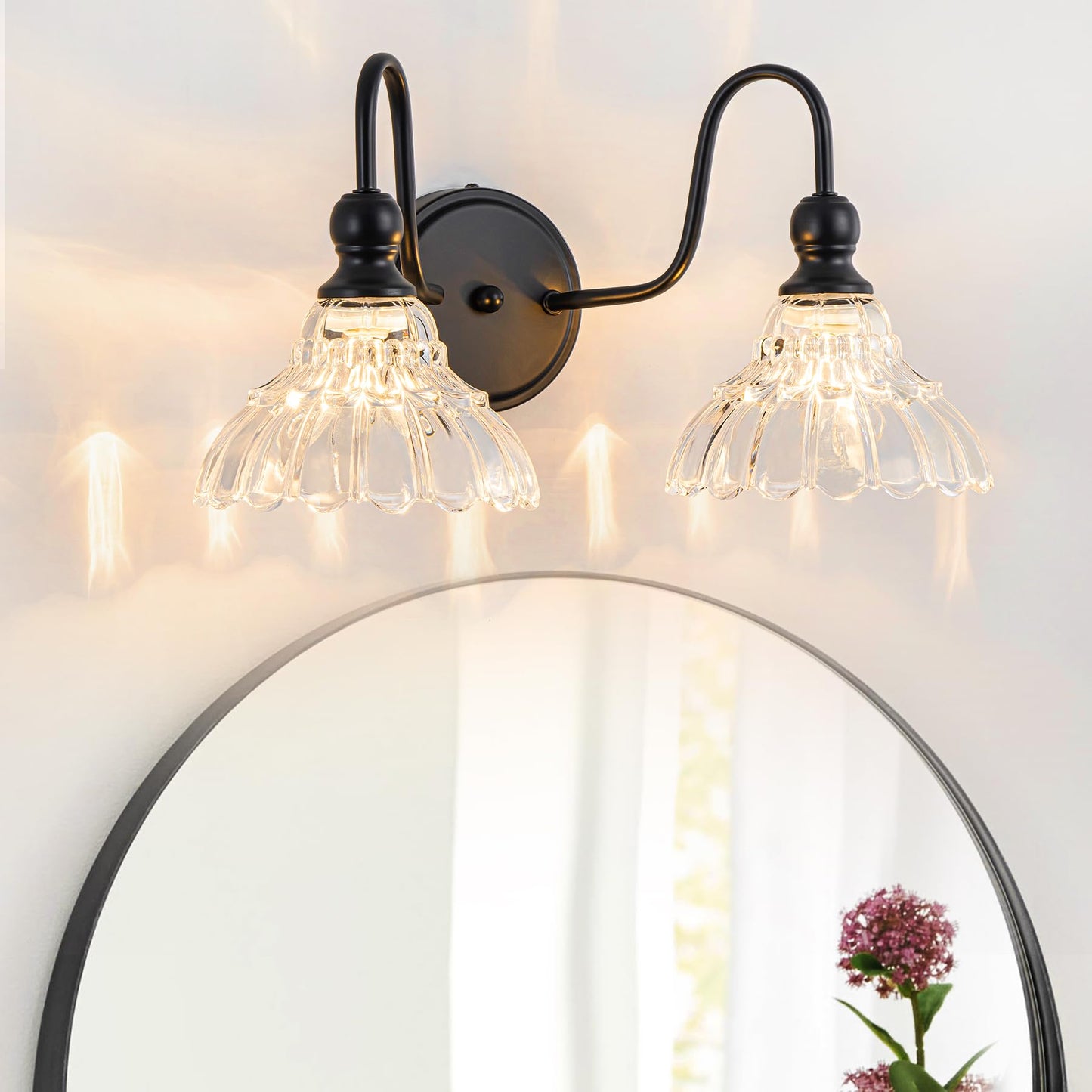 Brknit Vintage Bathroom Light Fixtures Over Mirror  2-Light Black Wall Sconce Lighting With Flower Glass Shade  Farmhouse Vanity Lights For Bedroom Kitchen Living Room Hallway Light
