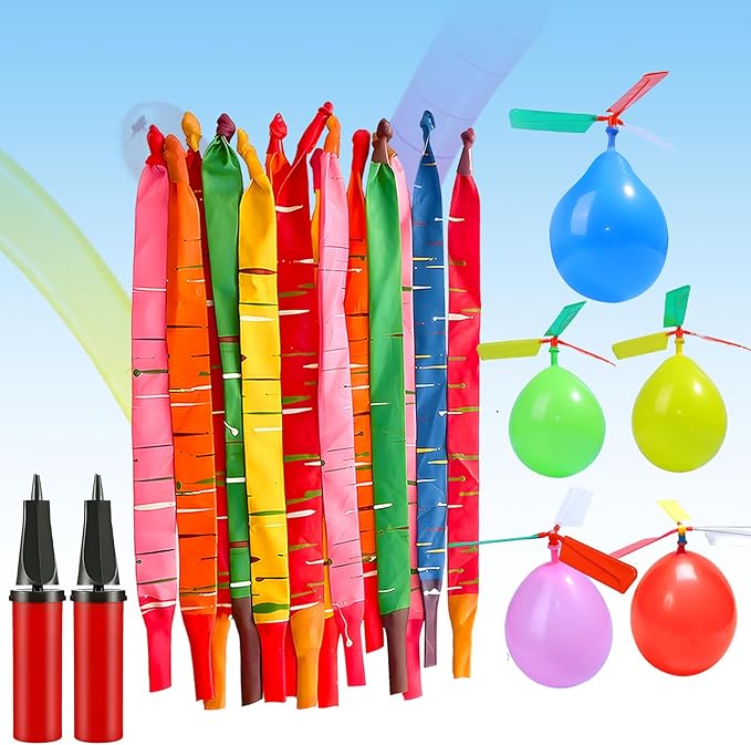 Rocket Balloons with 2 Pumps – 100pcs Whistling Flying Rockets + 5 Helicopter Balloon Toys, Screaming Air Rocket Set for K...