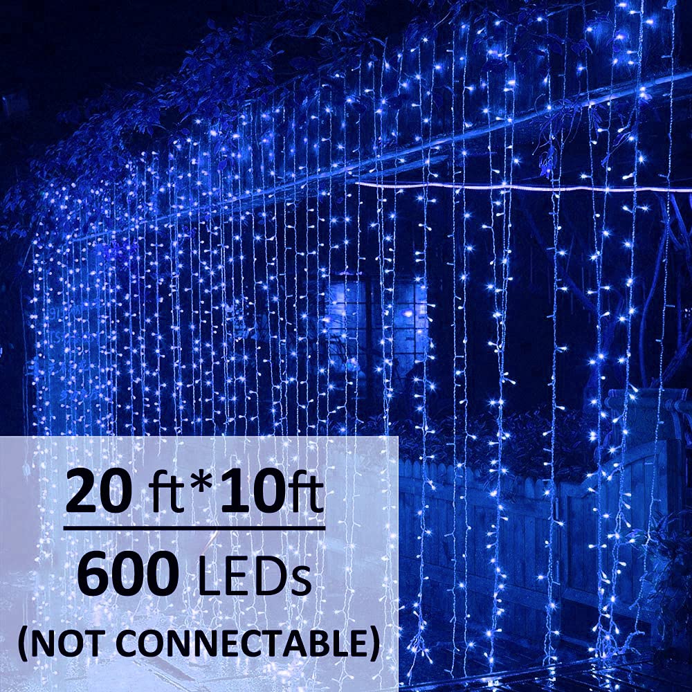 Solhice LED Curtain Lights, 600 LEDs, 20ft x 10ft, Blue, Indoor/Outdoor, Model BD-600-C-W-B