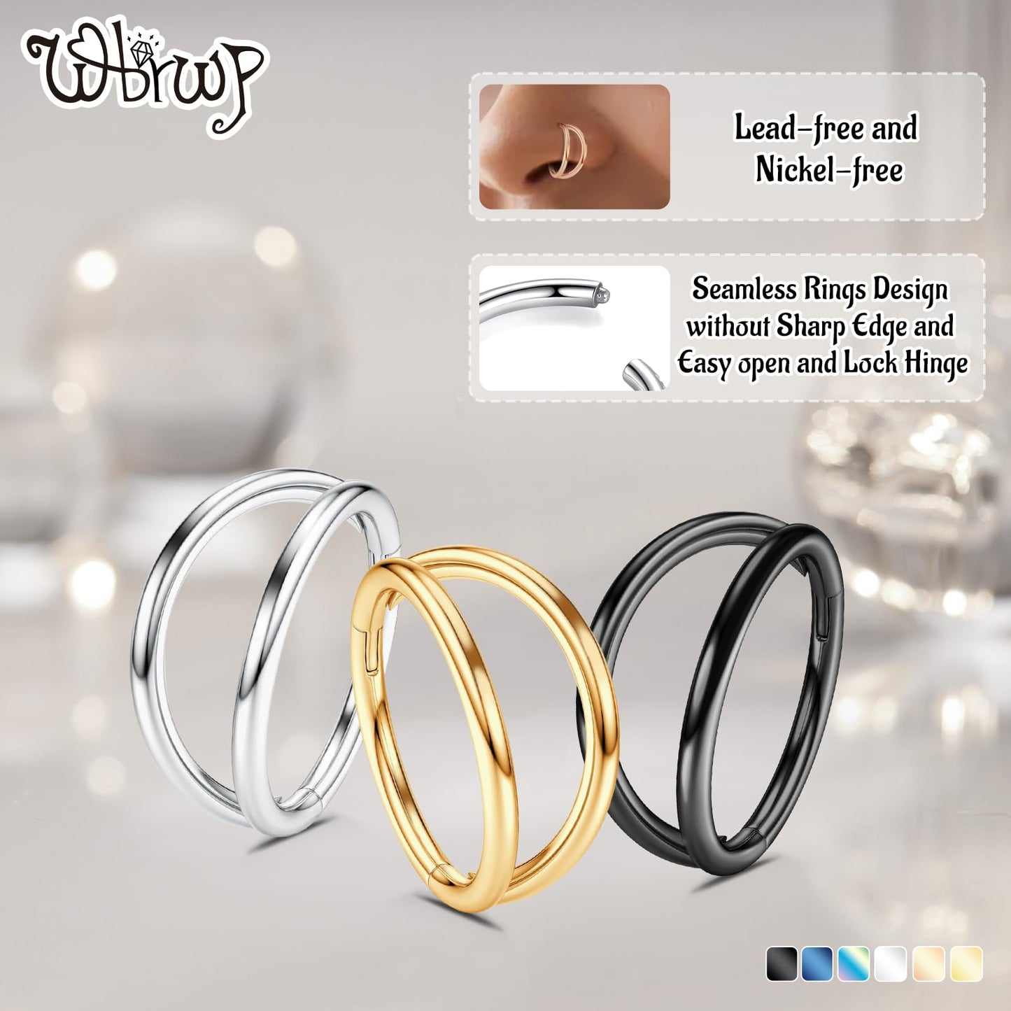 WBRWP Nose Ring Lip Rings Septum-Clicker: Double Ring Open Stacked Black Ring 16G 10mm 316L Surgical Steel Sleeper Earring Helix