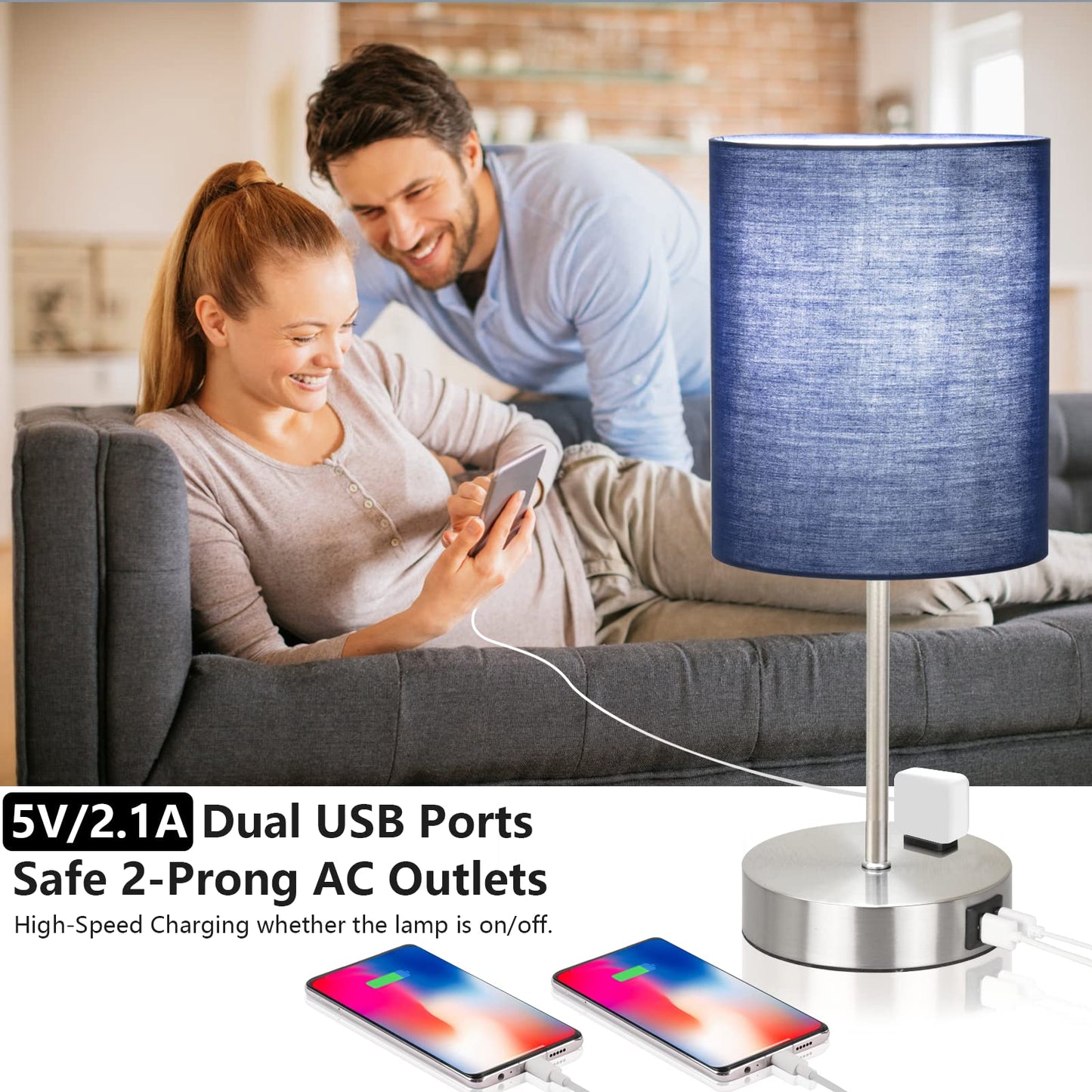 ShineTech Touch Control Bedside Table Lamp Set of 2, 3-Way Dimmable, 2 USB Ports, AC Outlets, Blue, Model JYT-01471-TL