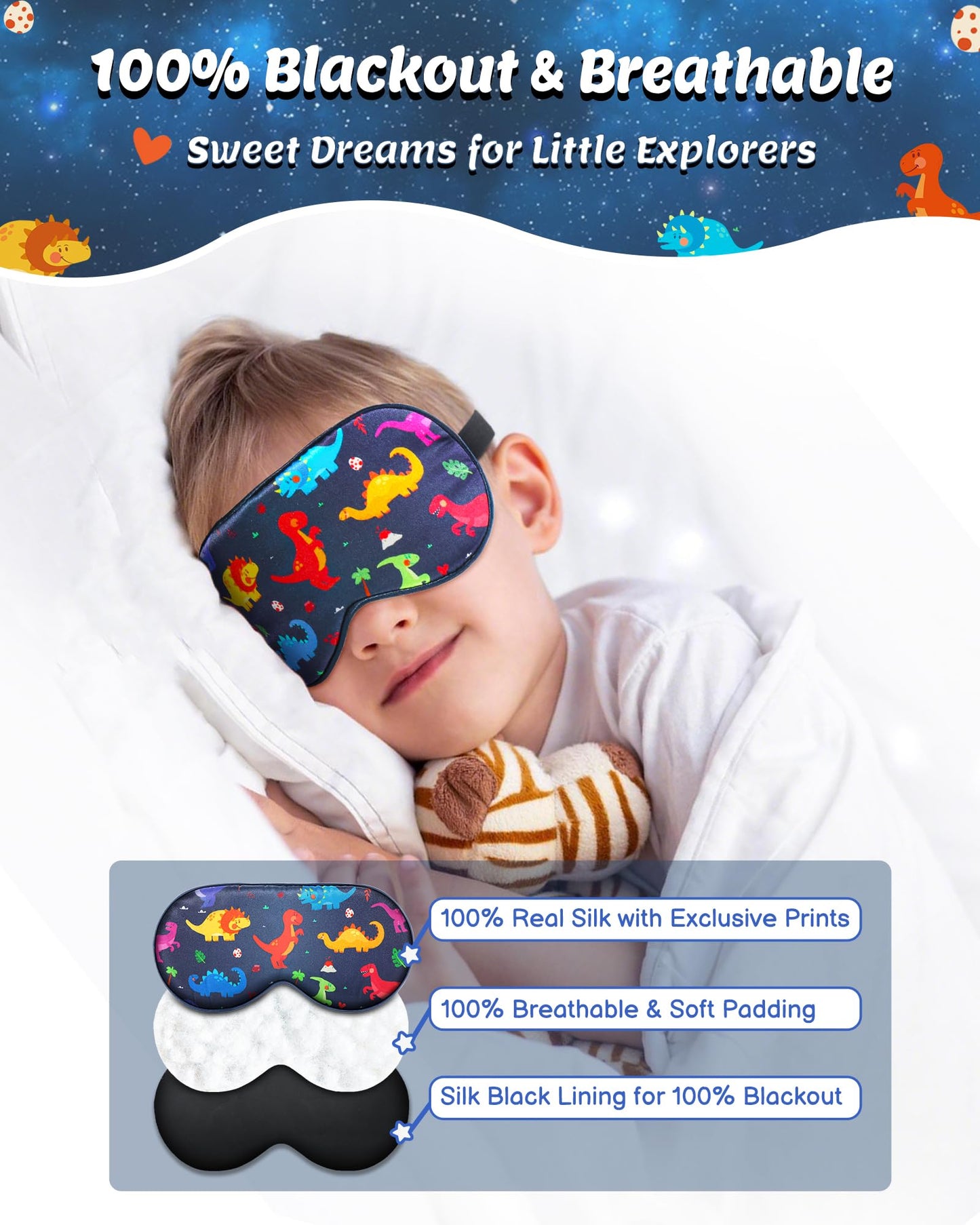 BeeVines Kids 100% Real Mulberry Silk Sleep Mask 2 Pack, Original Design Pure Silk Sleeping Eye Masks for Boys, Skin-Friendly Blackout Eye Cover, Adjustable Strap, Reduce Puffy Eyes, for Travel Gifts