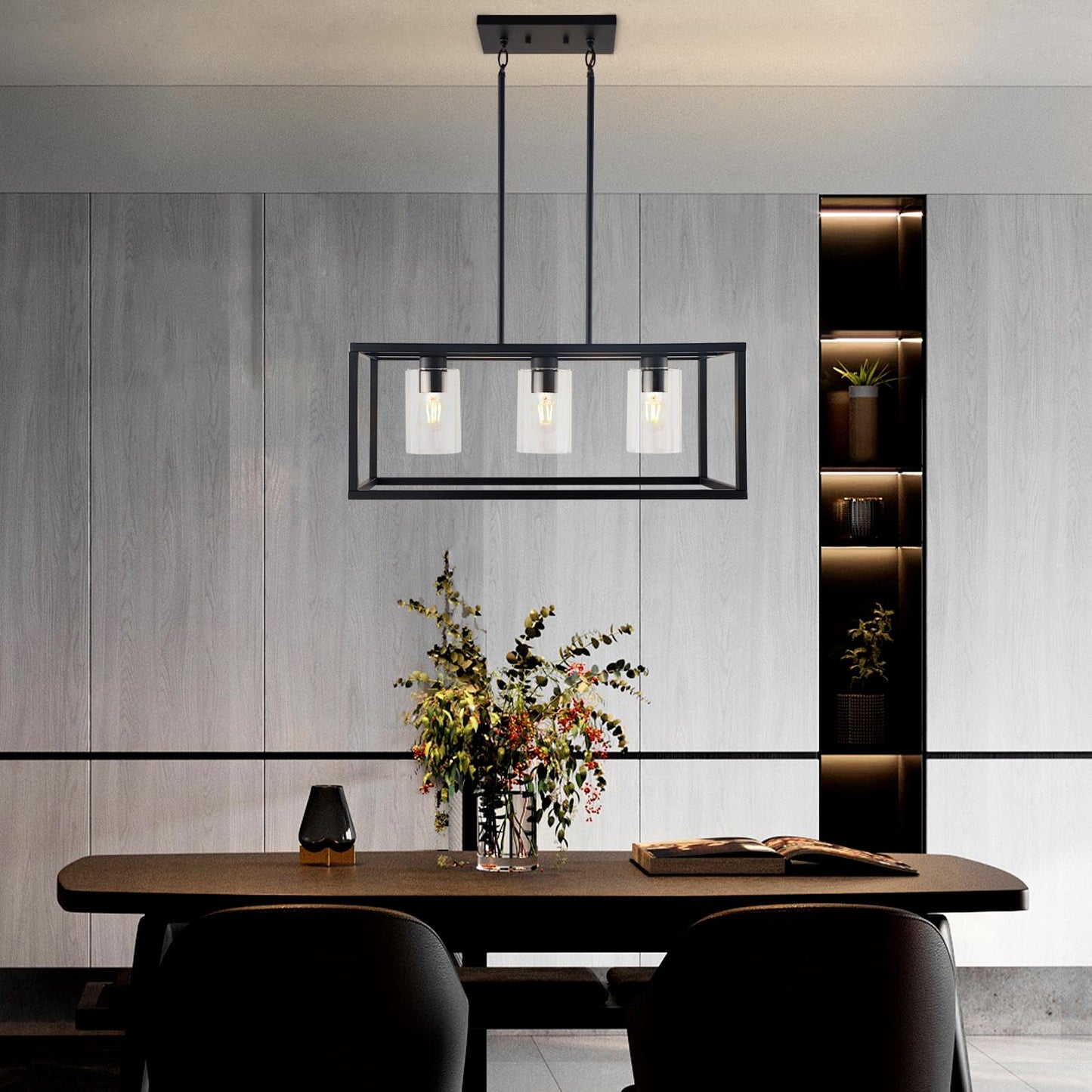 Kalium Chandeliers For Dining Room  3 Light Dining Room Light Fixture Modern Metal Industrial Kitchen Lighting Fixtures Ceiling Easy Installation Pendant Lights For Bar Restaurant-E26 Socket  Black