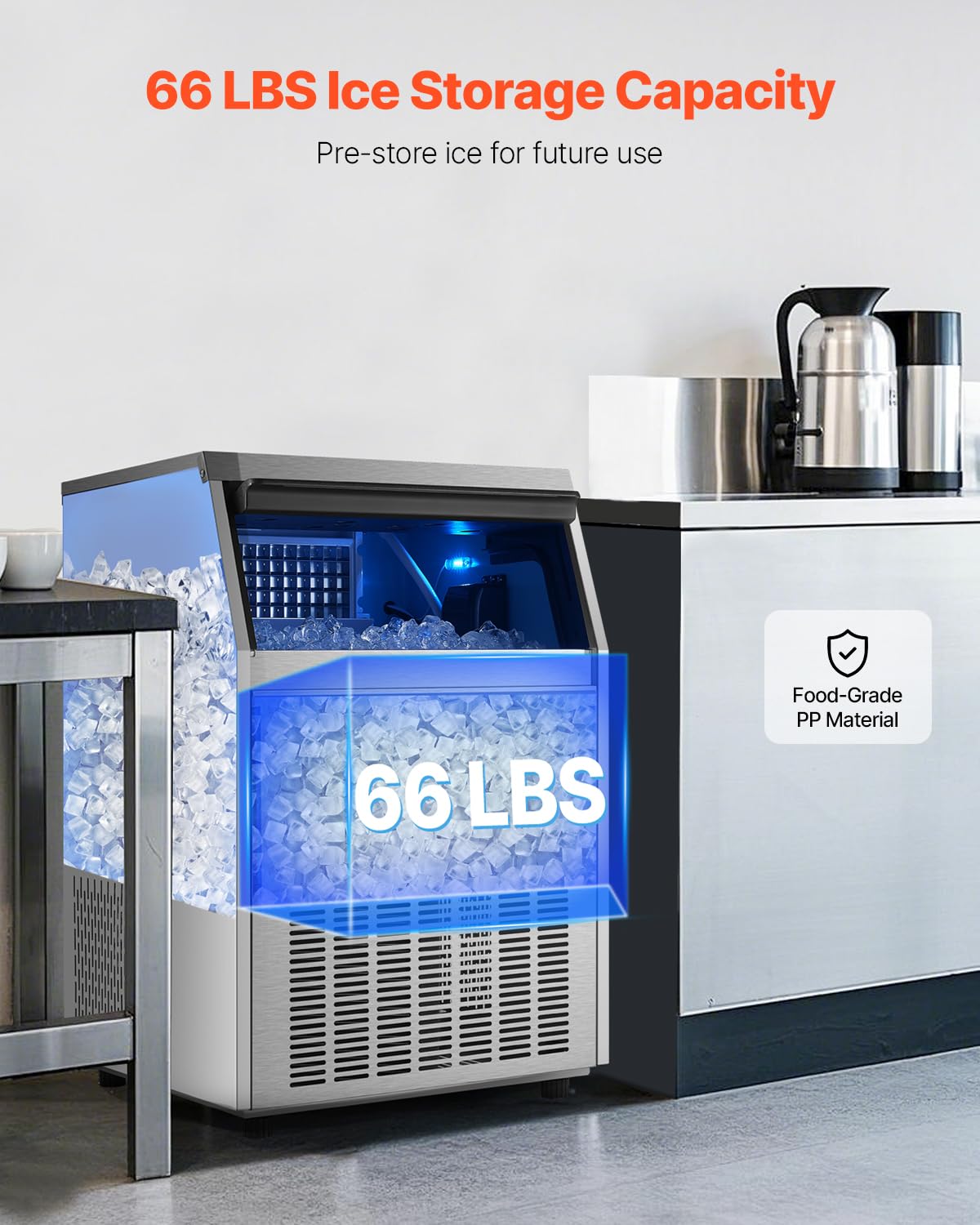 Vevor Commercial Ice Maker Machine, 160Lbs/24H Ice Maker Machine With 66Lbs Storage Capacity, 80 Ice Cubes In 15 Minutes, Led Di