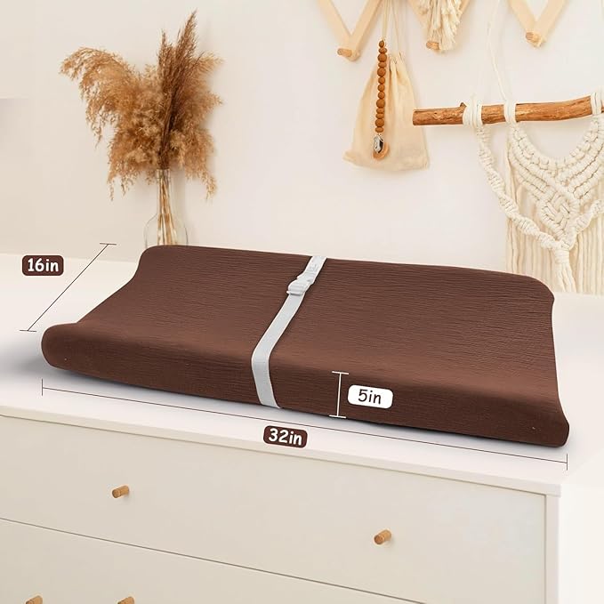 3 Pack Muslin Changing Pad Cover, Solid Changing Table Pad Cover, Soft Breathable Double Layer Boho Changing Pad Sheets Fit for Standard Changing Pad 16" x 32" (Cedar & Peach & Beige)