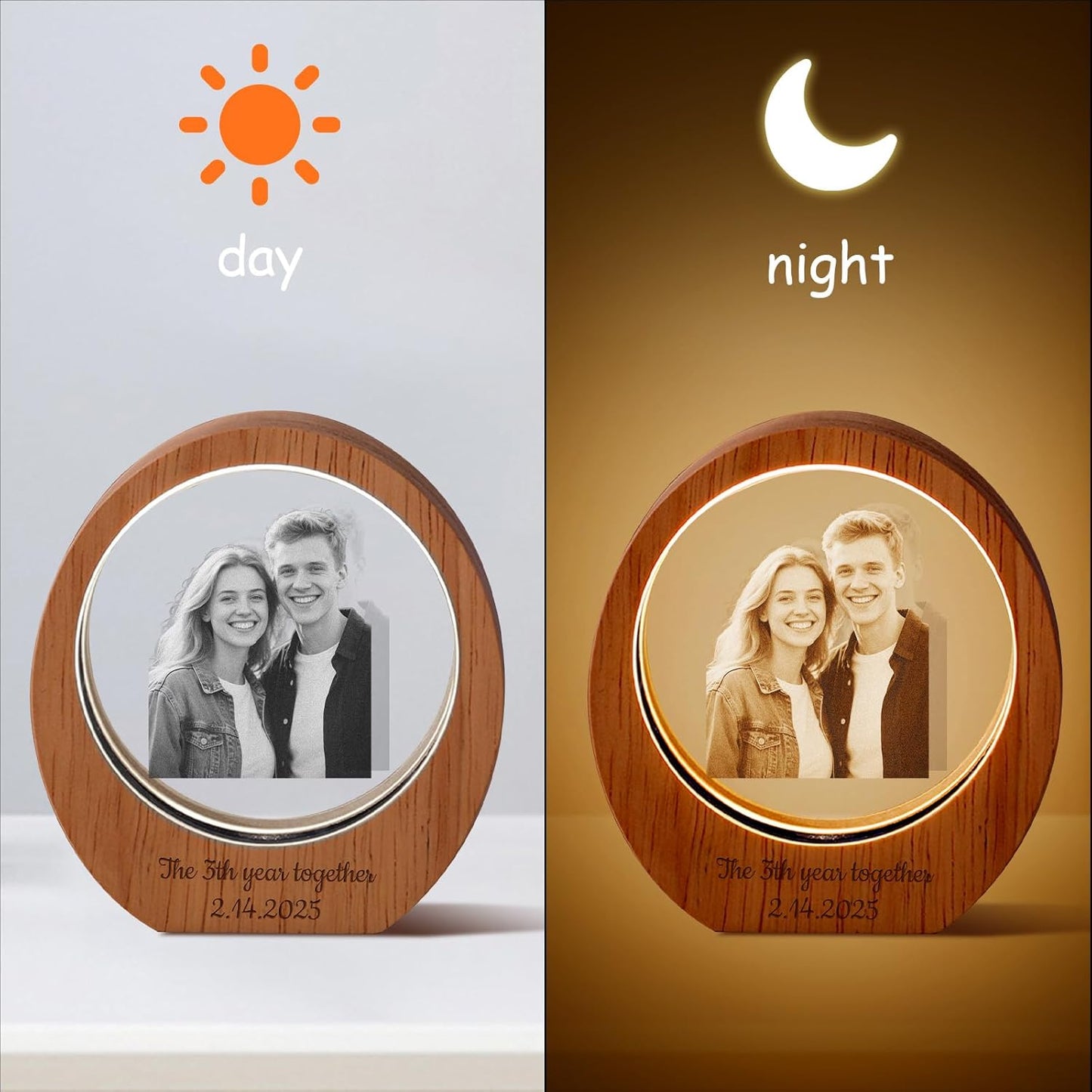 Custom 3D Crystal Photo Night Light – Personalized Glass Photo Ball with Customized 3D Picture Engraving, LED Light Wood Base, Unique Custom Gifts for Family, Pets, Birthday，Valentine's Day (Style 6)