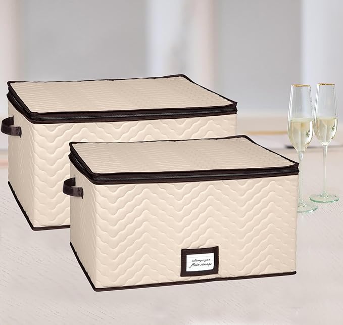 Wine Glass Storage Box with Dividers - Stemware Storage Case, Durable Quilted Microfiber Bin with Carry Handles, Protects Fine China - Durable Quilted Microfiber Bin with Carry Handles (2 Pack, Red Wine Glass)
