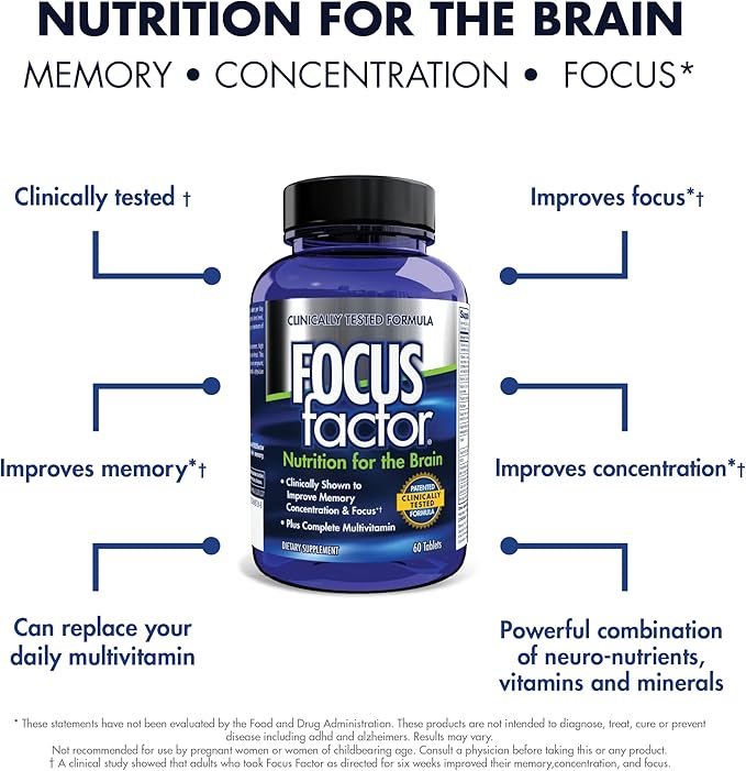 Focus Factor Nutrition for The Brain, Improved Memory & Concentration Brain Supplement, Complete Multivitamin with Vitamins B6, B12, D, Bacopa Monnieri & Tyrosine, 60 Count (Pack of 2)