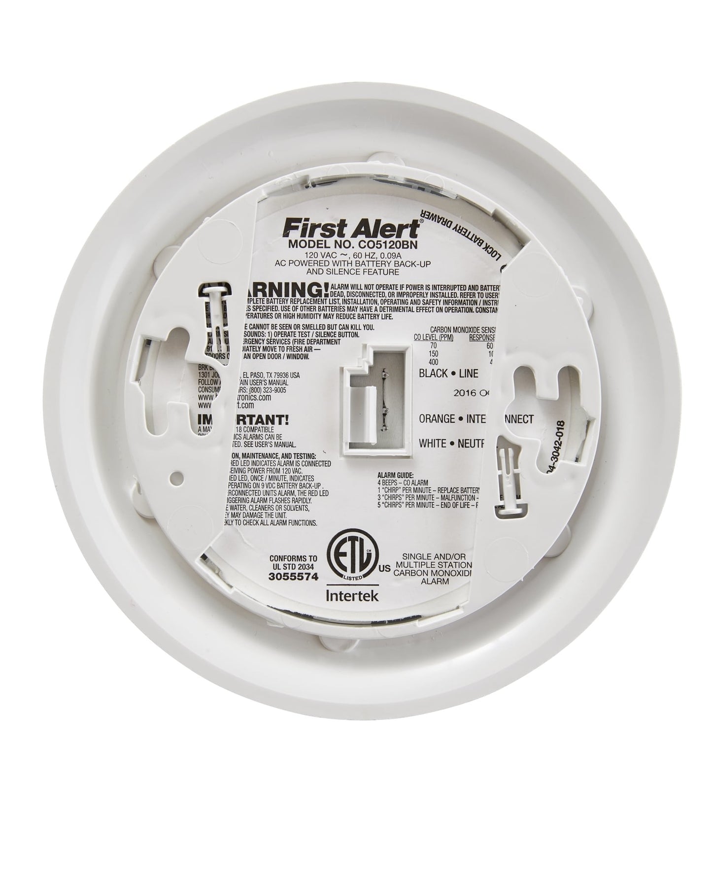 First Alert BRK Carbon Monoxide Detector, Hardwired Alarm with Battery Backup, CO5120BN, White