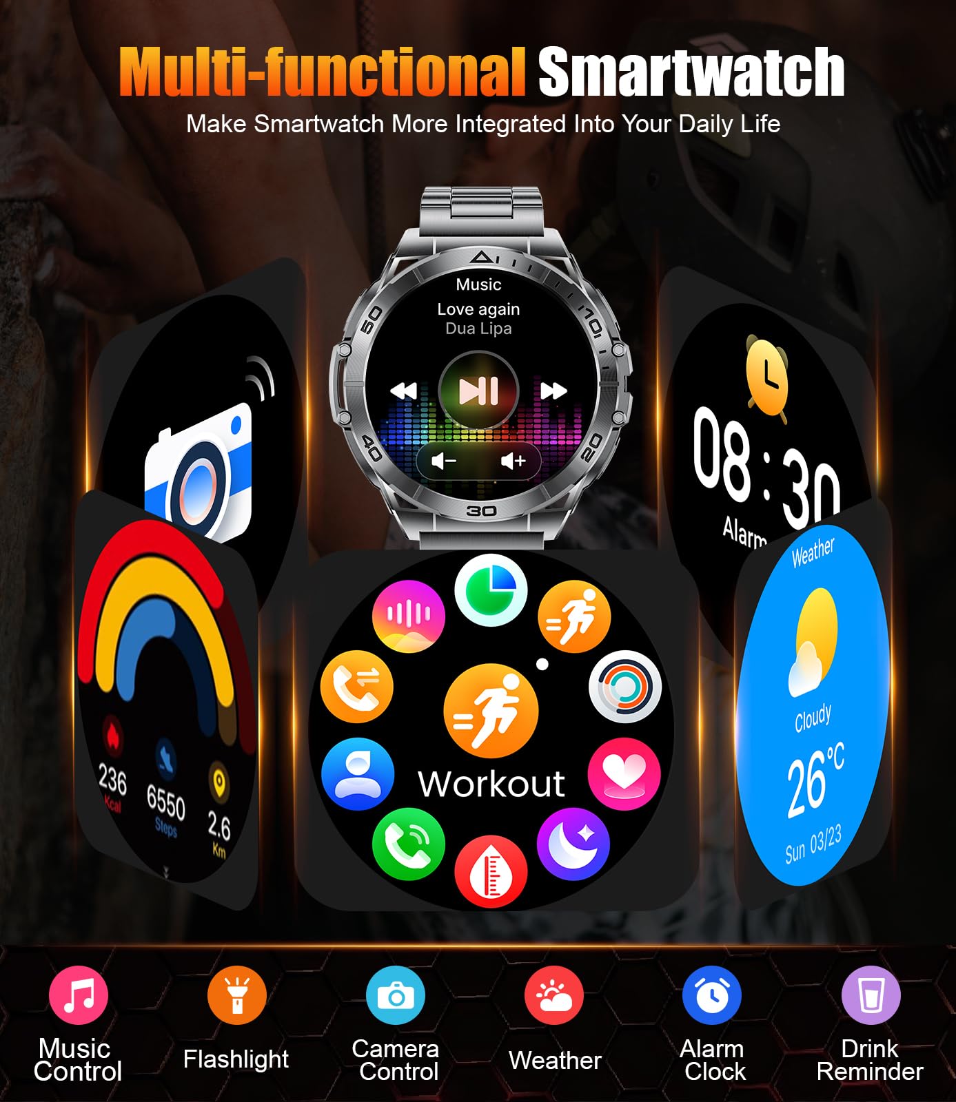 HIRREO EF16 Smart Watch for Men (Answer/Make Calls), 1.6" AMOLED HD Fitness Watches with LED Flashlight, 600mAh Battery/2 Straps/100+ Sports/IP68 Waterproof Smartwatch for Android iPhone Compatible