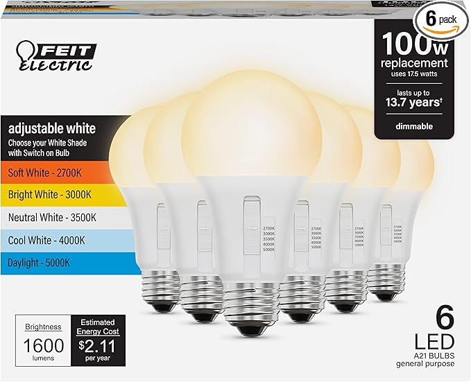 Feit Electric A21 LED Light Bulb, 100W Replacement, Dimmable, Selectable Color Temperatures (2700K-5000K), 1600 Lumens, Ge...