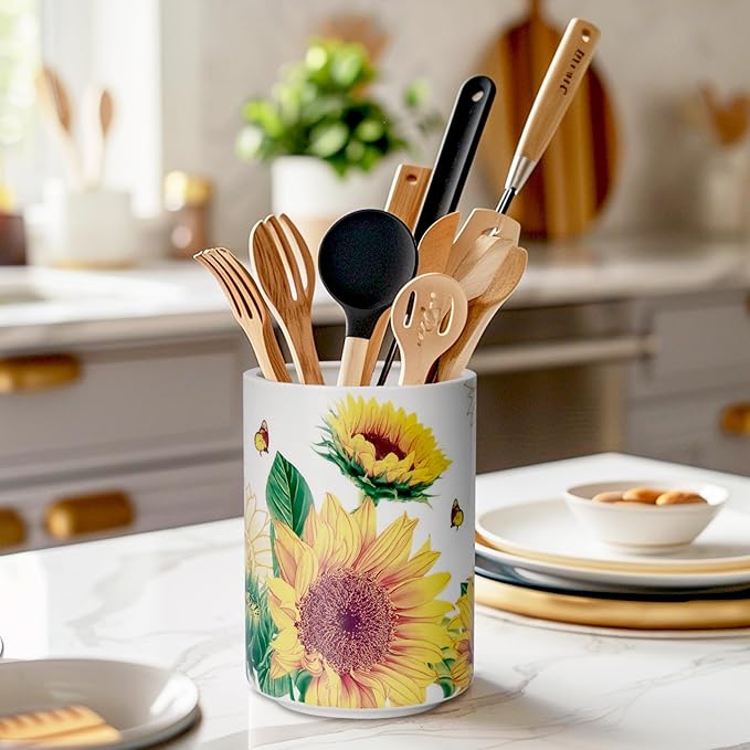 Sunddo Sunflower Utensil Holder, 6.7" Large Utensil Crock, Ceramic Cooking Utensil Holder for Kitchen Counter, Utensil Organizer for Kitchen Decor