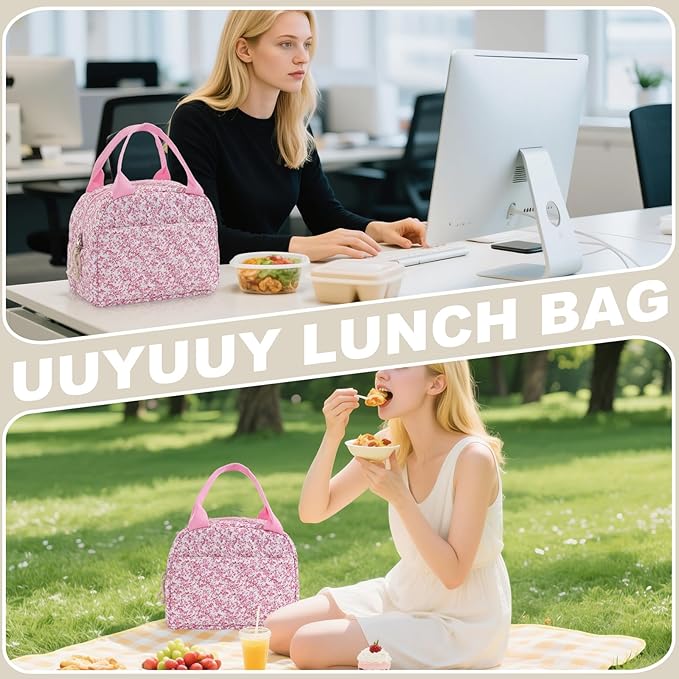 Lunch Bag for Women Insulated Lunch Box Reusable Cooler Bag Portable Cute Floral Quilted Cotton Bag Leakproof Tote Bags for Travel, Work, and Picnic, Blush Bloom