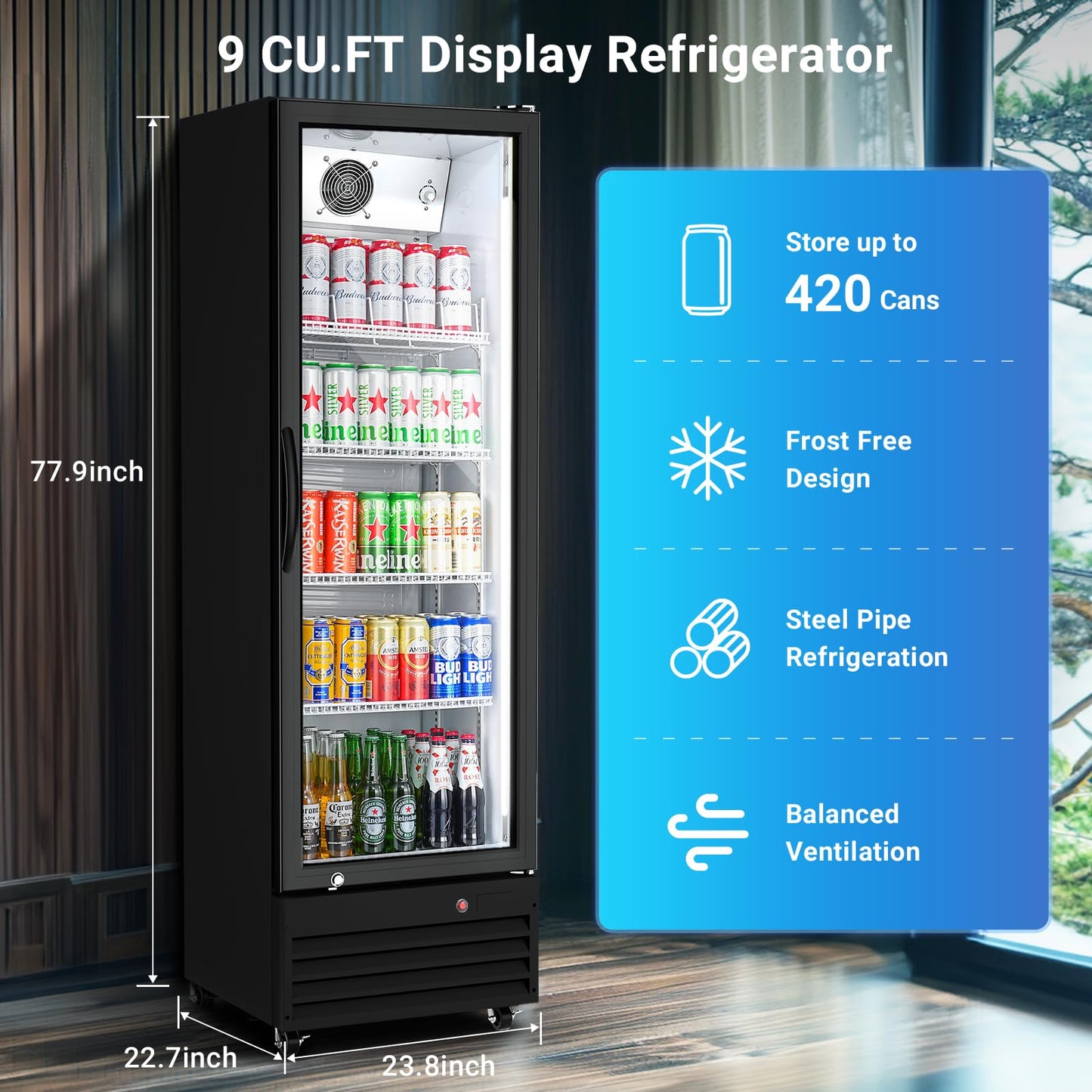 BODEGA BODEGACOOLER 9 Cu.Ft Commercial Beverage Refrigerator with Glass Door,Display Drink Refrigerators fridge for Beer Display Drink Cooler Rapid Cooling & Quiet for Bar Restaurant Office Store Use