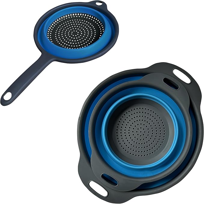 Collapsible Colander Set,Space Saving Collapsible Kitchen Colander Strainer with Handle,Perfect for Draining Pasta Vegetable fruit (Blue)
