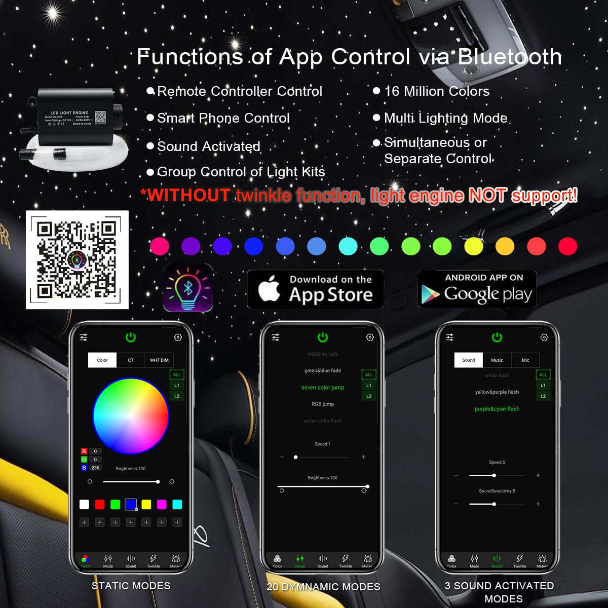 Akepo Fiber Optic Star Ceiling Light Kit, 16W Rgbw, 450Pcs Fiber, Music Control, 9.8Ft, Multicolor, Model 1A16Ab64