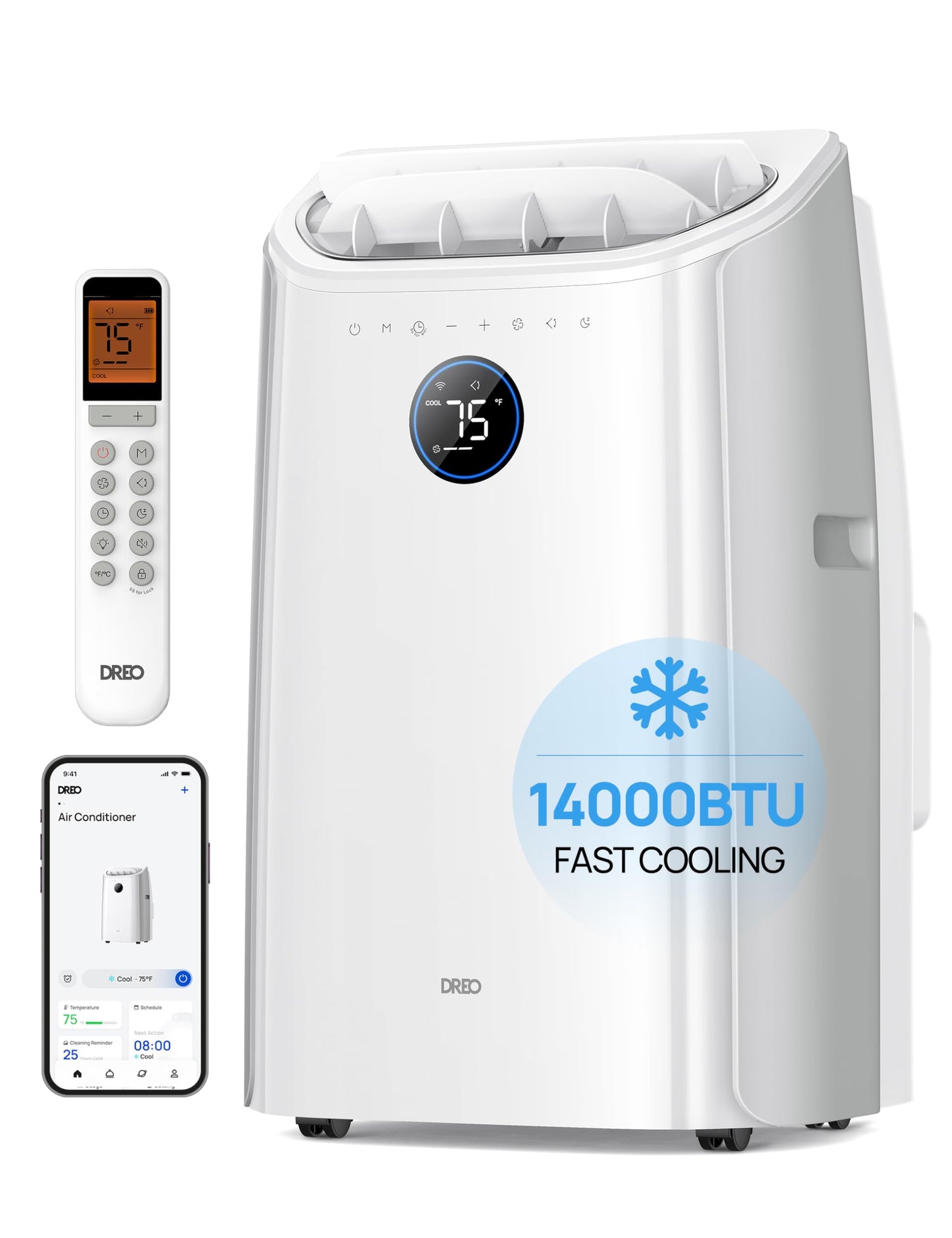 Dreo Portable Air Conditioners, 14000 BTU ASHRAE (10,000 BTU DOE) Smart AC Unit for Room with Drainage-free Cooling, APP/Voice/R