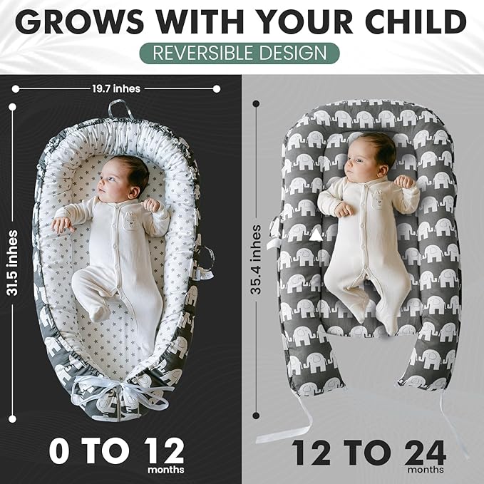 TKC Baby Lounger 0-24 Months | Adjustable Infant Lounger | Breathable Organic Cotton Cover | Reversible, Portable Baby Nest | Includes Bib | Elephant