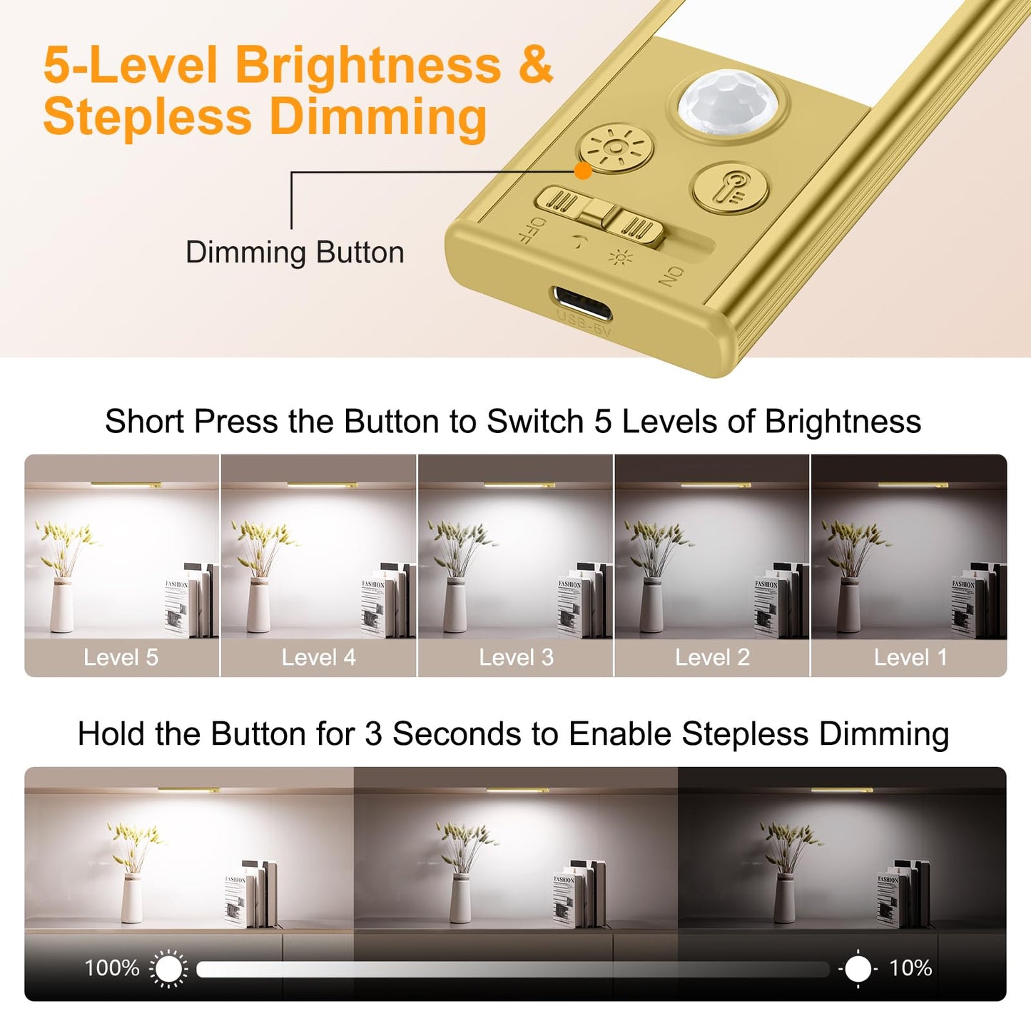Gritin 10.2Inch Under Cabinet Lighting Rechargeable -84 Led Super Bright 3-Color& 5 Level Brightness 4 Modes Motion Sensor  Long Lasting- Easy Installation Magnetic Closet Lights -2 Pack-Gold