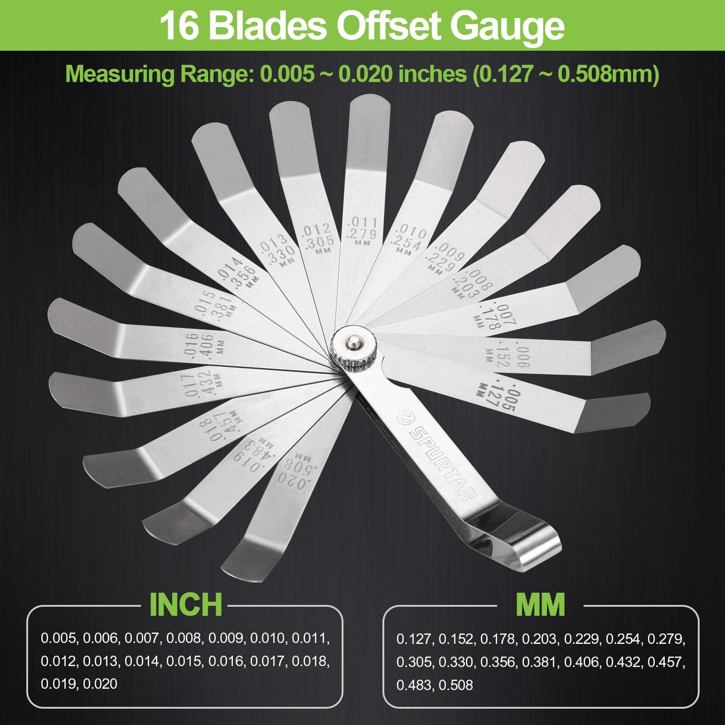 Spurtar Feeler Gauge Set Stainless Steel, 32 Blades Tapered and 16 Blades Offset Filler Gauge Set, Dual Marked SAE and Metric Feeler Guages for Spark Plug, Valve, Piston, Guitar