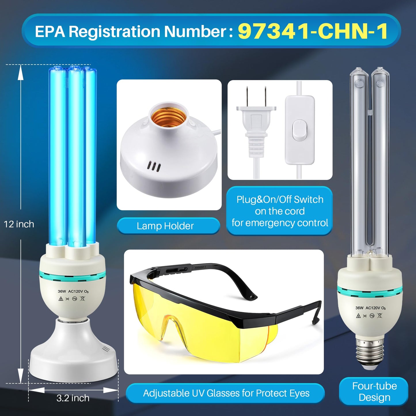 Qualirey 36 Watts Uvc Ozone Light With Remote Control And Uv Glasses  Uv Lamp With E26 Base  3 Gear Timer 15/30/60 Minutes  Uvc Light Bulb For Basement  Bedroom  Kitchen  Storehouse  Car