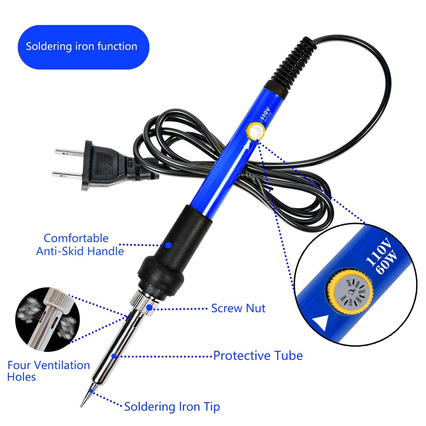 Soldering Iron Kit, 60W Adjustable Temperature, Digital Multimeter, 5pcs Soldering Tips, Wire, Stand, Desoldering Pump, Solder Wick, Tweezers, Welding Tool