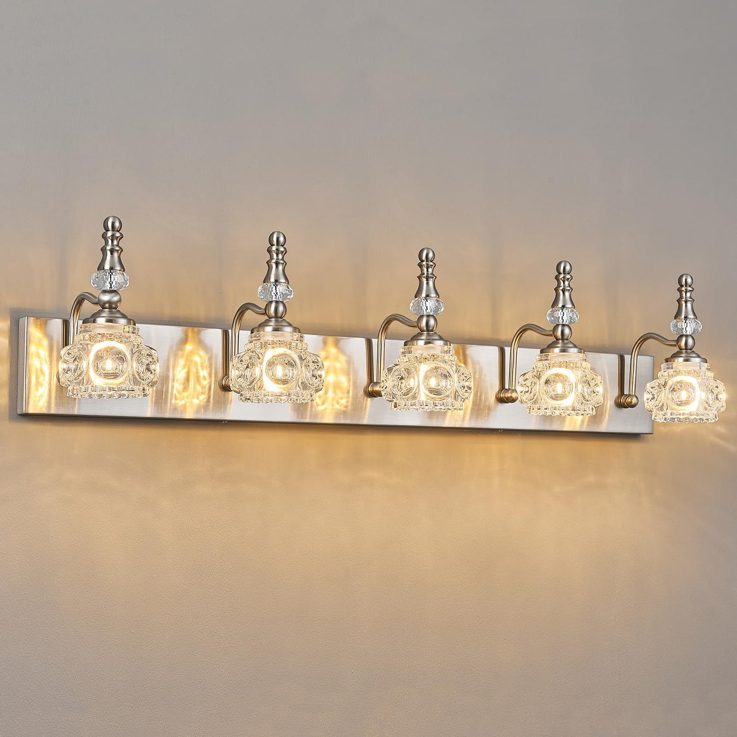 Lbsqj Modern Glass Crystal Vanity Light - Vintage Bathroom Lighting Fixtures Over Mirror  5 Light Vanity Lights G9 Bulb (35.43 Inch  Nickel)