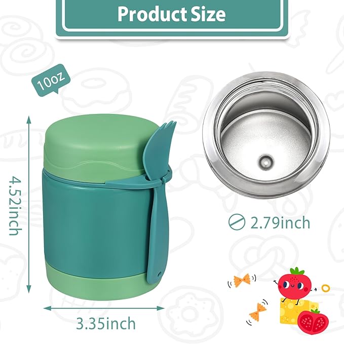 Insulated Kids Lunch Jar - 10oz, Leak Proof Stainless Steel, Wide Mouth, Green