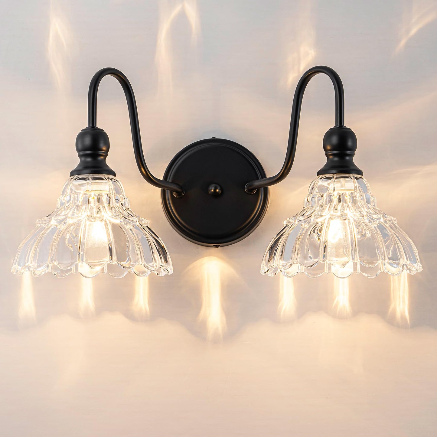 Brknit Vintage Bathroom Light Fixtures Over Mirror  2-Light Black Wall Sconce Lighting With Flower Glass Shade  Farmhouse Vanity Lights For Bedroom Kitchen Living Room Hallway Light