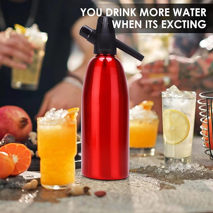 1L Portable Soda Siphon – Aluminum Home Soda Maker, Red Vintage Seltzer Bottle for DIY Carbonated Drinks, Sparkling Water Maker for Healthy Cocktails, Use 8 gram CO2 Cartridges (Not Included)
