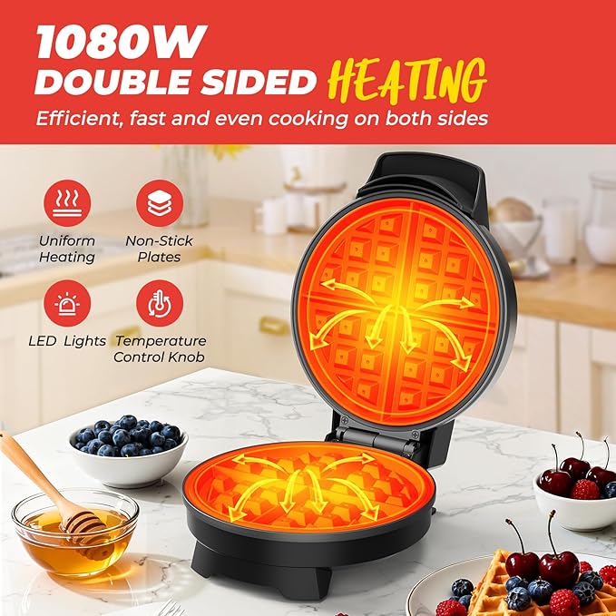 Waffle Maker, Round Classic Belgian Waffle Iron, Adjustable Browning Control, Easy-Clean Nonstick Plates & Cool Touch Handle, Space Saving Storage, Stainless Steel