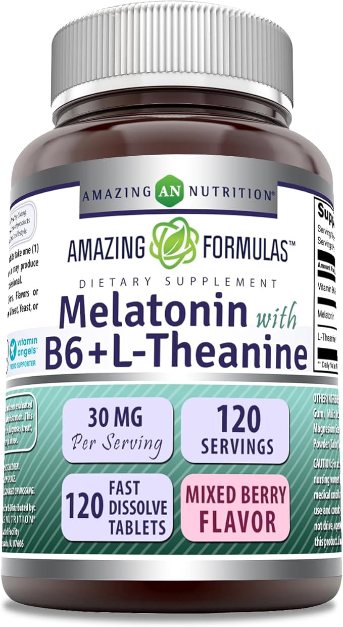 Amazing Formulas Melatonin with Vitamin B6 + L-Theanine Supplement | 30 Mg Per Serving | Mixed Berry Flavor | 120 Tablets | Non-GMO | Gluten Free | Made in USA