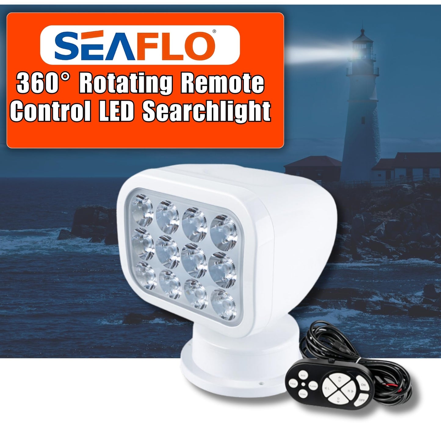 SEAFLO 360° Rotating LED Searchlight, 10-30V, IP66 Waterproof, White Light 5500K, Model SFSL-2700W-01W