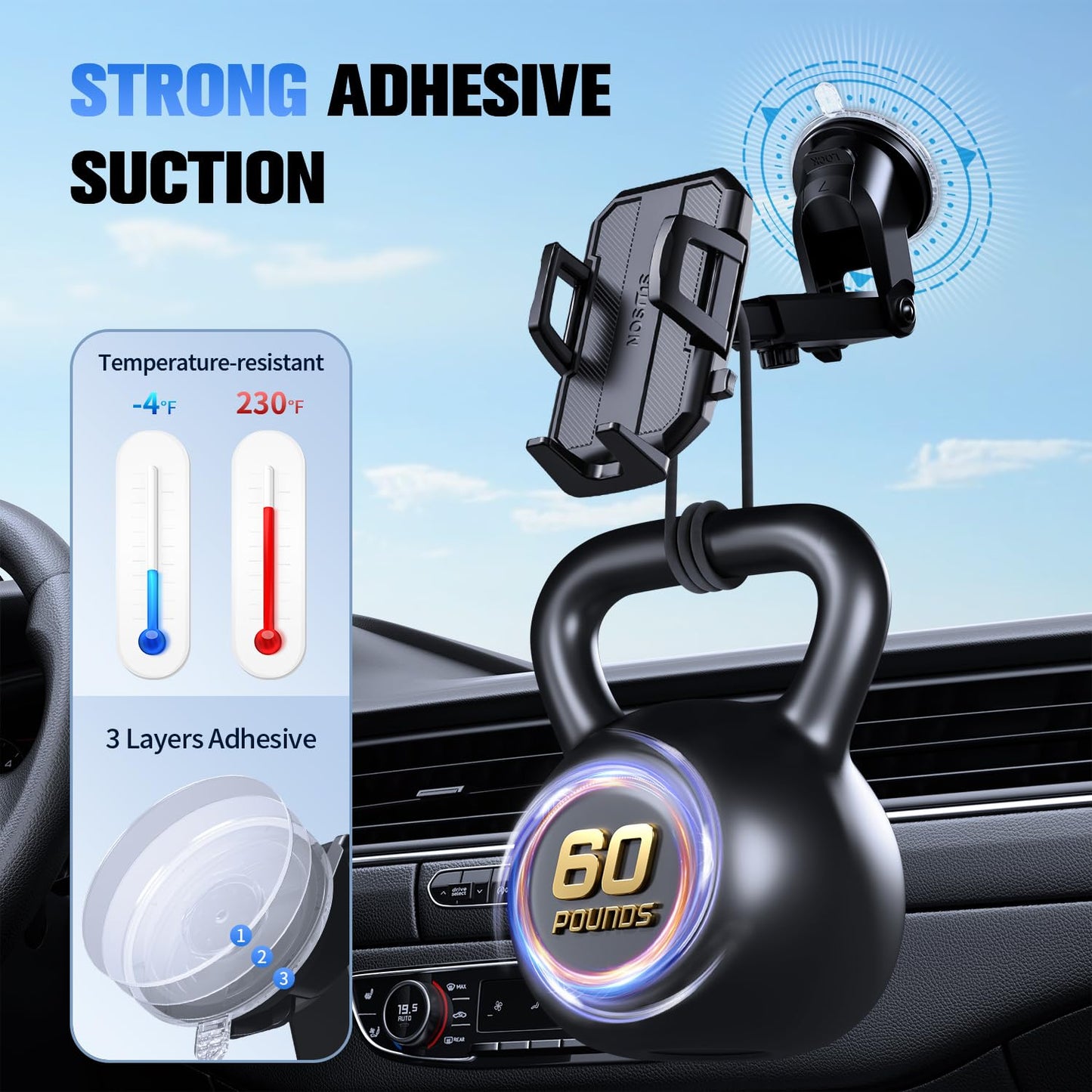 Suuson 3 In 1 Car Phone Holder, Dashboard & Windshield & Vent Universal Car Mount Phone Holder For Your Car, Cell Phone Holder T