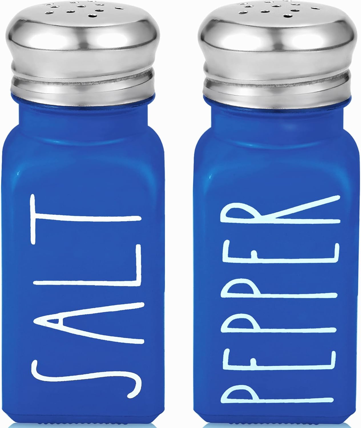 Blue Salt and Pepper Shakers Set by Brighter Barns - Cute Glass Shakers with Stainless Steel Lids - Modern Farmhouse Kitchen Decor and Accessories for Home, Restaurants, Hotel, Vacation Rental (Blue)