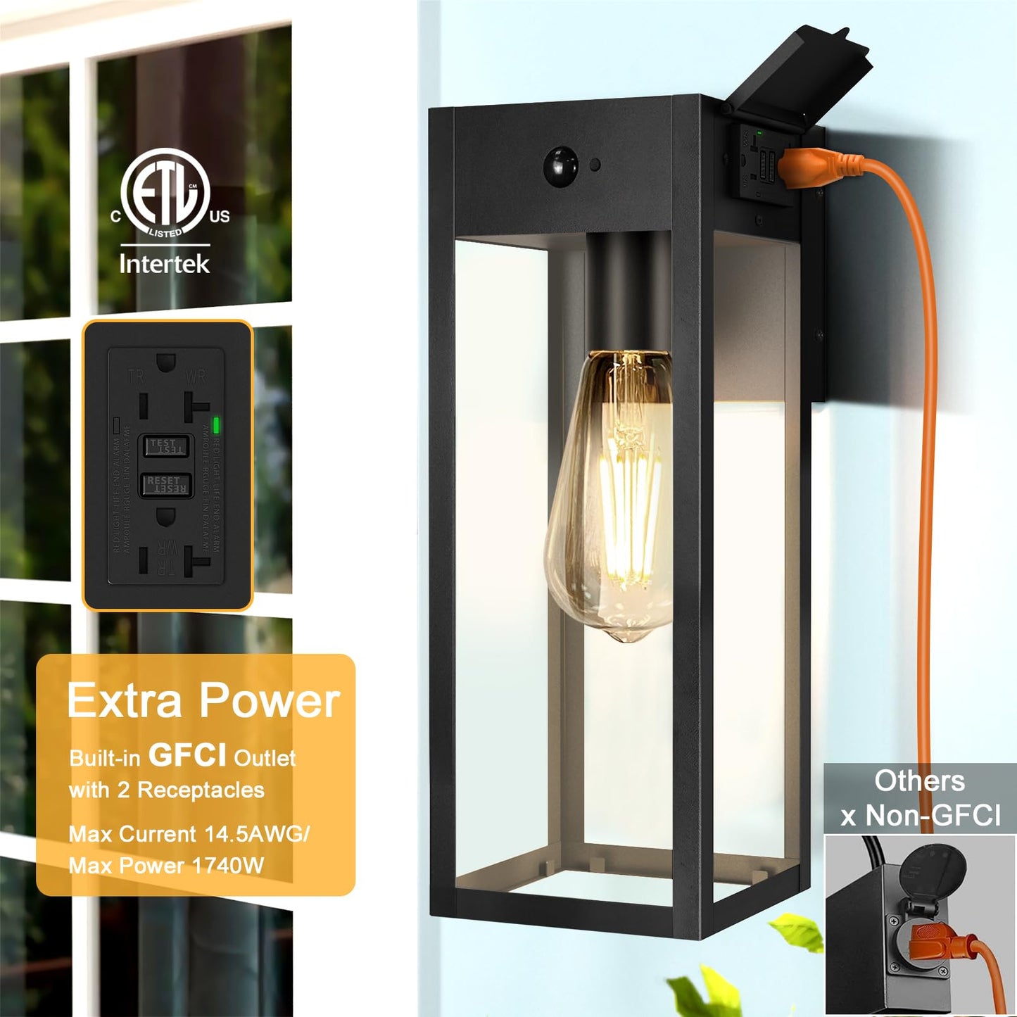 Oykyohei 2 Pack Large Porch Lights With Gfci Outlet  Dusk To Dawn Motion Sensor Outdoor Lights  2 Lighting Modes Waterproof Anti-Rust Wall Sconce Lantern  Outside Light For House  14.62 Inch