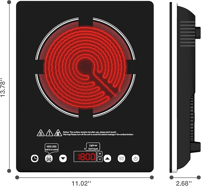 Single Burner Electric Cooktop, 110V-120V Electric Stove Infrared Hot Plate with Touch Control, Child Safety Lock, Timer, 9 Power Level, 1800W Plug in Induction Cooktop Burner for Cooking