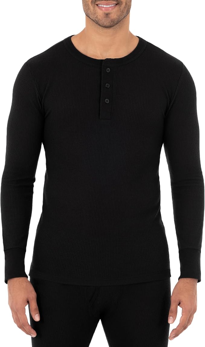 Fruit of The Loom Mens Recycled Waffle Thermal Underwear Henley Top (1 and 2 Packs)