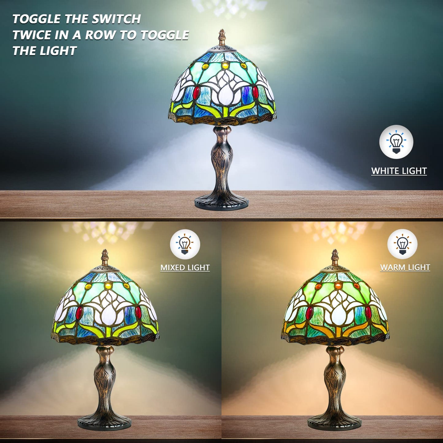 Miaoke Stained Glass Lamp Stained Glass Table Light  Handmade Desk Bedside Table Night Lamp  Antique Art Craft Gifts Lover Kid Living Room Bedroom Study Bookcase Desk Ligh-Blue Tulip